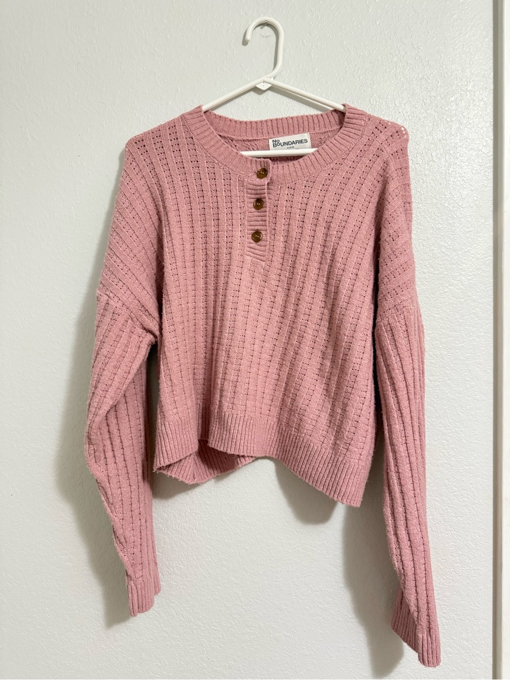 No Boundaries Dusty Pink Ribbed Crewneck Sweater with Button Placket